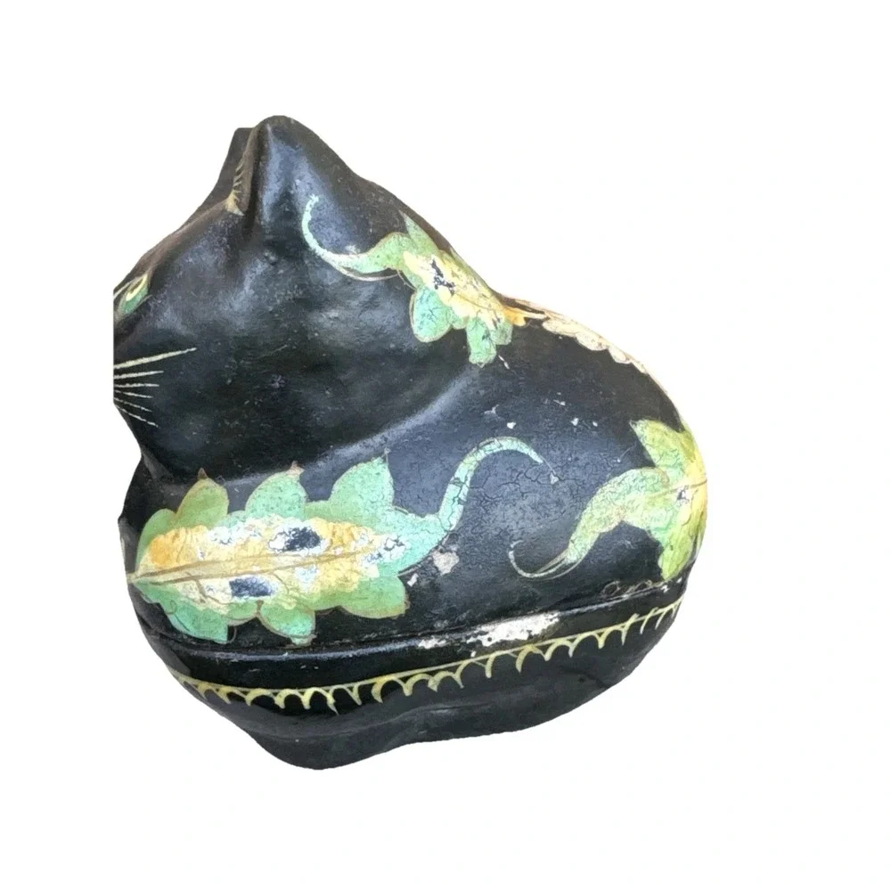 Vintage Black Kitty Cat Laquer Mini Trinket Dish Ring Box Painted Flowers Floral